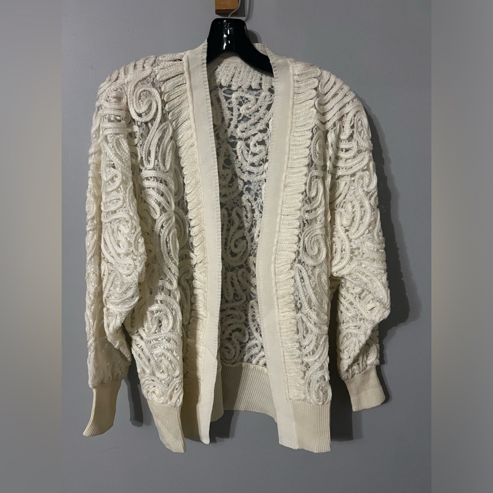 Vintage Cream Lace Sequin Detail Women's Sweater Preppy Cottagecore M/L Y2K